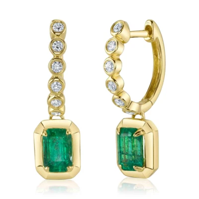 14K Yellow Gold Diamond And Emerald Earrings Drop Dangle Natural 1.45 TCW - Image 1 of 3