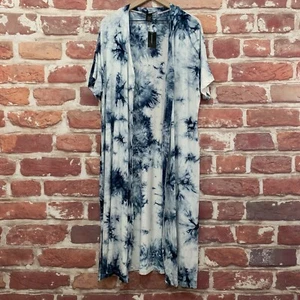 Ashley Stewart Duster Top Womens Size 22/24 Blue White Boho Tie Dye Shrug Blouse - Picture 1 of 9