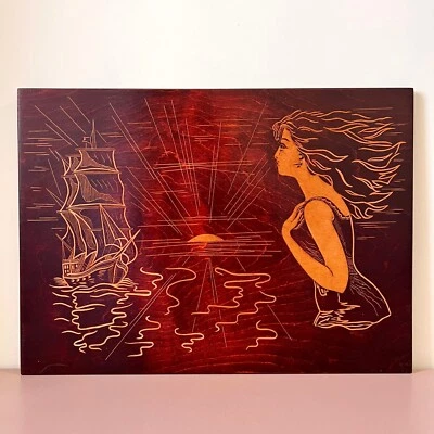 Atardecer Marinero Mujer y Barco Retro Arte Pop Madera Decoración de Pared Años 70 Soviético ÚNICO EN SU CLASE Foto 1 de 4