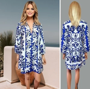 ZARA DRESS SIZE 10 SHORT BLUE MIX FLORAL PRINT KAFTAN BUTTON UP HENLEY NECK #13 - Picture 1 of 10