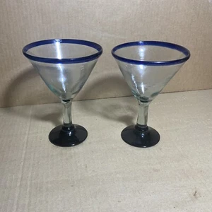 mexican hand blown martini / margarita glasses set of 2 blue rim 7” Tall - Picture 1 of 12