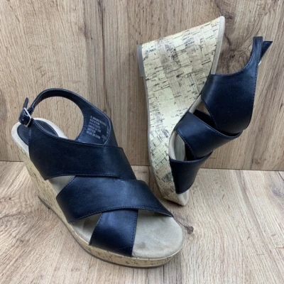 Montego Bay Club Correa Trasera Cuñas Para Mujer Talla 9 Negro Imitación Entrecruzada Puntera Abierta Foto 1 de 4