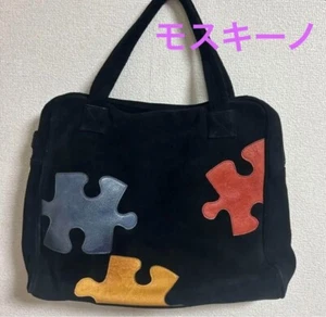 Moschino Genuine Leather Suede Handbag Black Jigsaw Puzzle Vintage Rare Top Hand - Picture 1 of 9