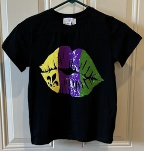 Belle Cher Girl’s Mardi Gras Sequin Lips Black Top Size 8 Purple Green Yellow - Picture 1 of 17