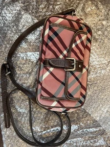 Burberry Pink Checkered Canvas Leather Mix Body Bag Shoulder Strap Used - Picture 1 of 6