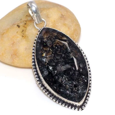 Colgante hecho a mano con piedras preciosas de cristal negro agrietado facetado 2,2" GW Foto 1 de 3