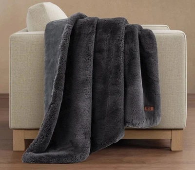 FRYE Luxe Faux Fur Throw Plush 60" x 70" Gray Silky Soft Feel Polyester New - Image 1 of 4
