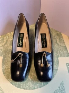 VTG Antonio D’Anna Black Leather Heels Metal Gold Dice Tassels 6.5 Italy 5935 UC - Picture 1 of 19