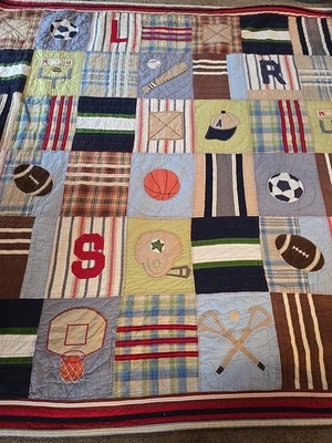 Pottery Barn Kids Patchwork Sports Quilt Blue Multicolor Heavy Full/Queen 84x86 - Image 1 of 4