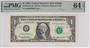 Fr 1919-K (KA) 1993 $1 FRN K99269964A bp 1 PMG 64EPQ CHCU DALLAS FW - Picture 1 of 2