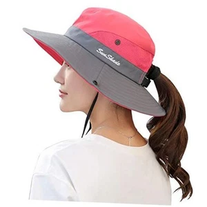 Women's Ponytail Sun Hat UV Protection Foldable Mesh Wide Brim Beach Fishing - Picture 1 of 8