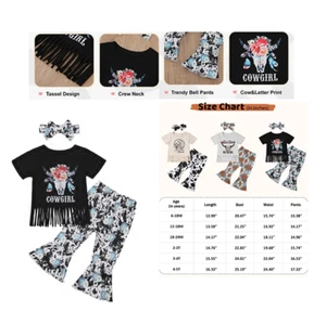 Toddler Baby Kid Girls Outfits Cow Clothes Short Sleeve Tops+Bell Bottom Pants - Picture 1 of 18