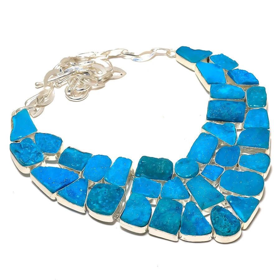 Collar distintivo chapado en plata con piedras preciosas druzy de titanio azul crudo joyería 18" Foto 1 de 1