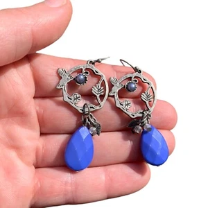 Handmade Pewter Blue Bead Dangle Drop Earrings Hummingbird Jewelry For Women - Picture 1 of 10