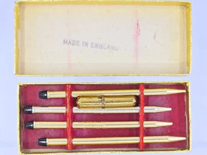 VTG "LEATHERSMITH" 4 MINI GOLD TONE PROPELLING GAME PENCIL + LEADS CASE in BOX - Picture 1 of 10