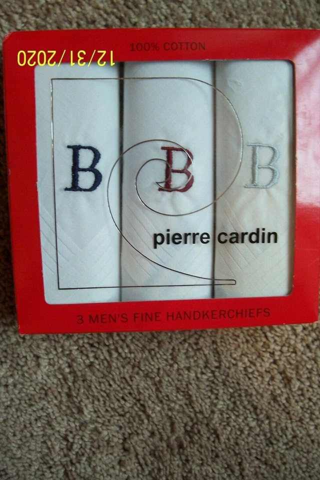 Pacote com 3 - Lenços masculinos Pierre Cardin - Letra "B" bordada - Novo na embalagem - Imagem 1 de 1