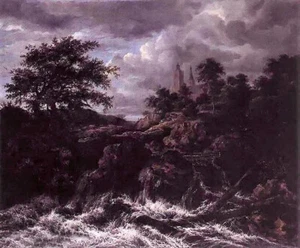 Oil painting jacob van ruisdael - waterfall by a church sunset landscape canvas - Picture 1 of 1