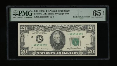 DBR 1985 $20 FRN San Francisco Gem Fr. 2075-L PMG 65 EPQ Serial L46596009I - Image 1 of 2