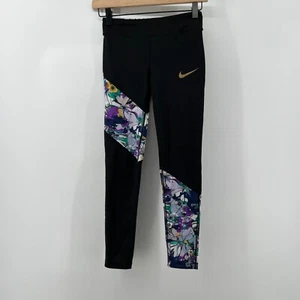 Nike Girls M Dri-Fit Tight Fit Compression Leggings Black Floral Athleisure Gym - Picture 1 of 7