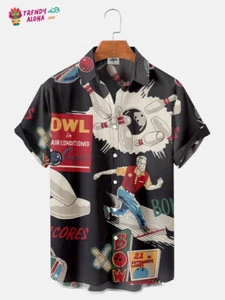 Mens Vintage 50s Bowling Print Trendy Aloha Shirt - Picture 1 of 2