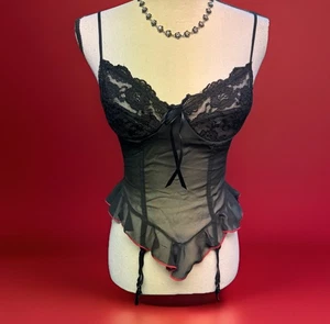 Vintage Secret Treasures Schwarz Spitze Transparent Korsett Bustier Top-Strumpfband Clips Klein - Bild 1 von 4