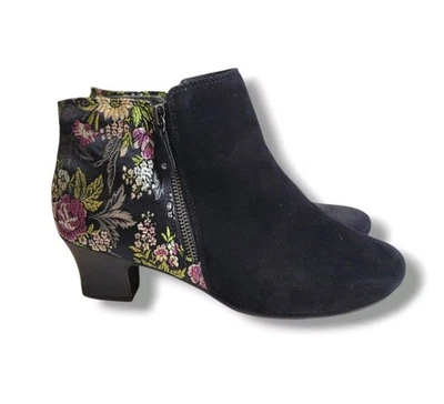 Hotter Delight Ankle Boots 9.5 Black Suede Floral Brocade Romantic Whimsigoth - Image 1 of 4