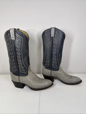 Tony Lama Hombres 8056 Negro Etiqueta Cuero Azul Vaquero Botas Occidentales Talla 7 De Colección Foto 1 de 4