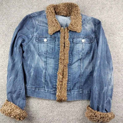 Allen B Shearling Denim Jacket Cropped Sherpa Women's XL Y2K - Image 1 of 4