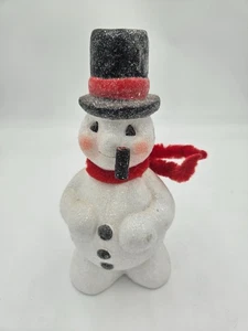 Vintage beflockt Glitzer Schneemann Figur rot Schal Zylinder Hut Pfeife 9" Urlaub Dekor - Bild 1 von 10