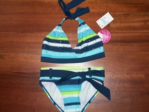 NWT JUSTICE GIRL SWIMSUIT 2 PC BIKINI BLUE GREEN NAVY STRIPE & GEM DETAIL SZ 6 - Picture 1 of 2