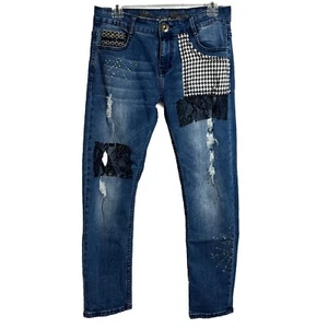 Desigual Denim Ankle Jeans Sz 28 Patch Work lace distressed Boho Hippie Peasant - Picture 1 of 6