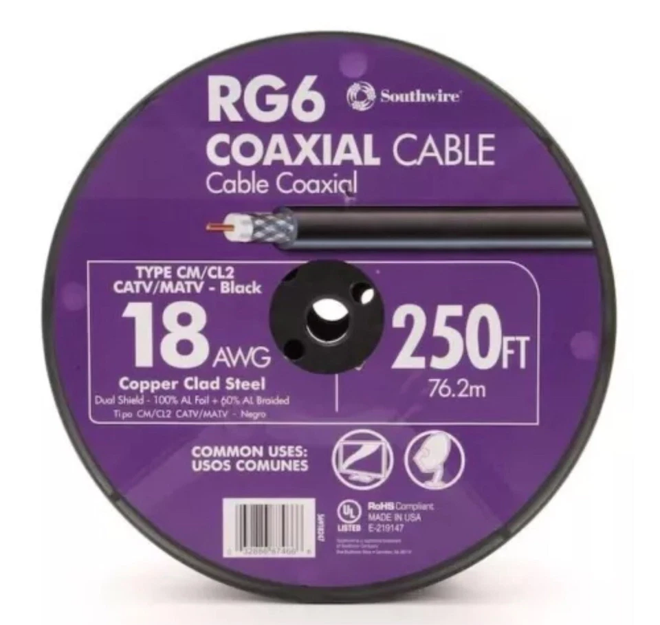 250-ft Roll, 18AWG, RG6 Black Coaxial Cable Southwire - Image 1 of 1