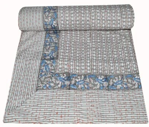 Colcha reversible Kantha de lunares hecha a mano india de algodón Queen - Imagen 1 de 5