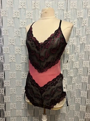 Dreamgirl Black & Pink Floral Lace Mesh Romper Teddy Lingerie - Image 1 of 4