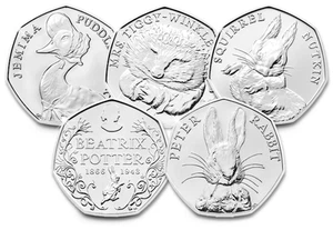 Beatrix Potter 50p Monete Jemima Poddle-Anatra, Peter Rabbit, Scoiattolo Nocciolo - Foto 1 di 57