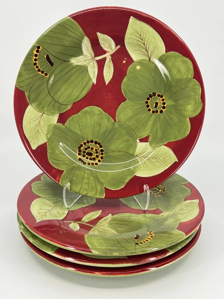 4 дизайнерские салатные тарелки Olivia LAURIE GATES темно-бордовые и зеленые тарелки цветок 8,5 дюйма - Изображение 1 из 4