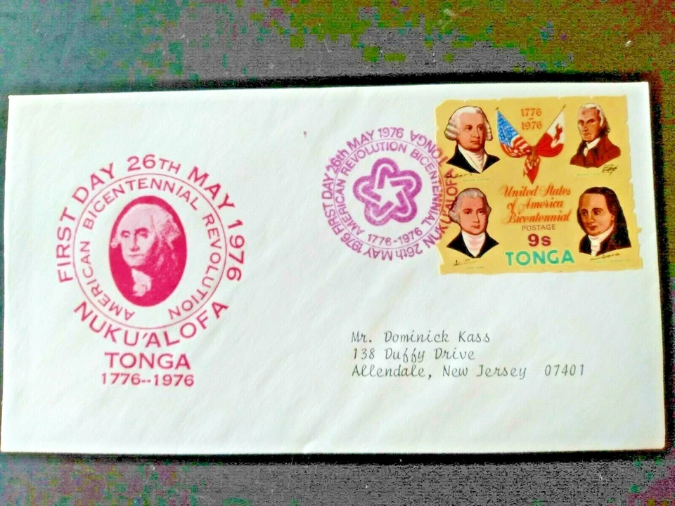 TONGA FREE FORM SELF ADHESIVES G.W. HONORS USA BICENTENNIAL 1776 -  1976  FDC   - Image 1 of 1