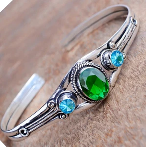 Chrome Diopside & Blue Topaz Gemstone 925 Sterling Silver Unisex Gift Bracelet - Picture 1 of 8