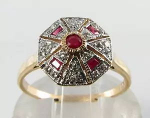 9CT 9K GOLD RUBY DIAMOND CLUSTER ART DECO INS RING Size I - Picture 1 of 5
