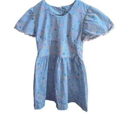 1OF1 Niñas 8 Vestido Vintage Años 70 Azul Guinga Floral Manga Corta Encaje Borde Fiesta Foto 1 de 4