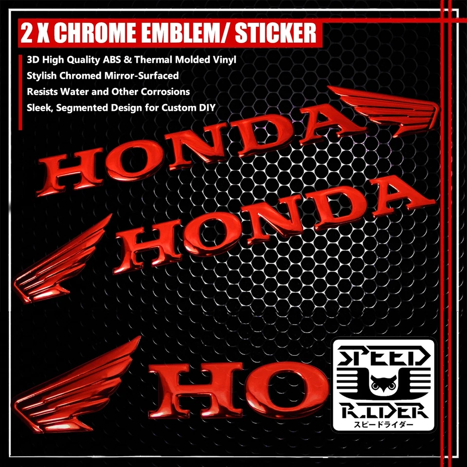 2 X 6.25"x 1.5" 3D ABS HONDA WING LOGO EMBLEM DECAL+LETTER STICKER CHROMED RED — 第 1/1 张图片