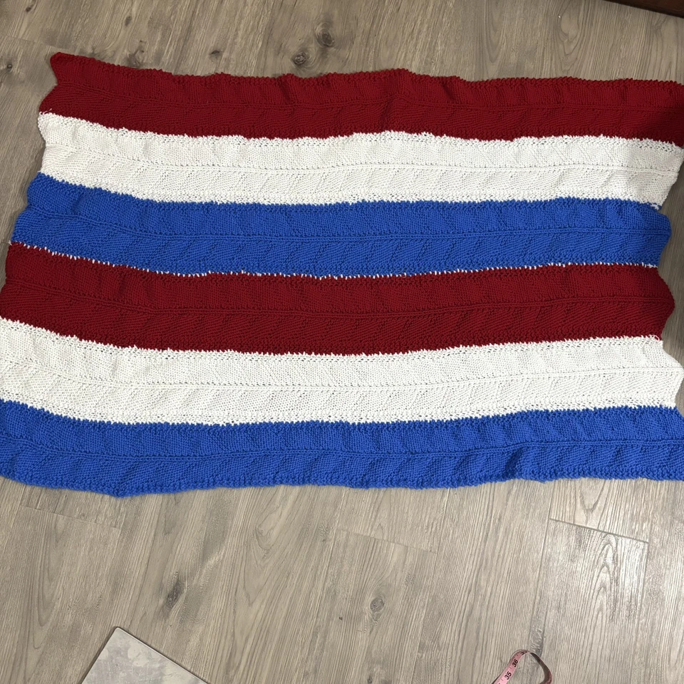 Handmade Crochet Afghan Throw Blanket Red White Blue Striped Scalloped USA 54x33 - Image 1 of 4
