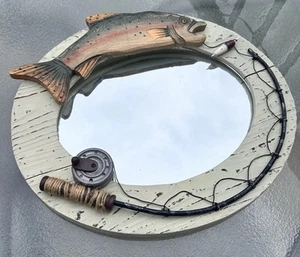 Rustic Rod n Reel Fish Oval Mirror Wooden Style Framed 16" X 14” Fisherman - Picture 1 of 9