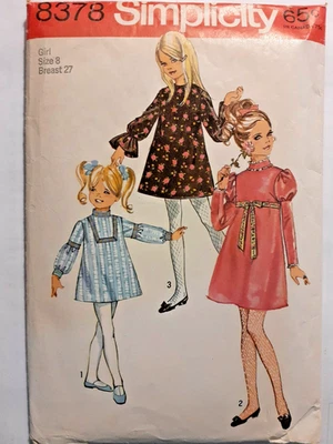 Simplicity 8378 Dress Puff Bell Short Sewing Pattern Girls 8 VTG 60s Cut A Line - Image 1 of 4