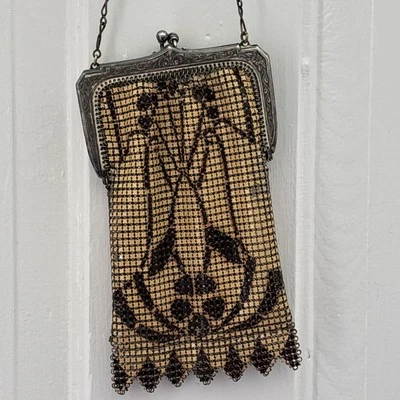 Art Deco Whiting Davis 网眼搪瓷钱包晚装包 1920 年代复古 — 第 1/4 张图片