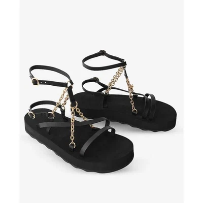 Maje Frankie Sandals Gladiator Chain Logo Black Leather EU 41 US 10.5 NEW - Image 1 of 4