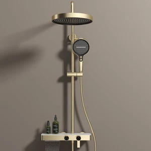 Grifo mezclador de montaje en pared para ducha lluvia baño dorado cepillado + rociador portátil - Imagen 1 de 2