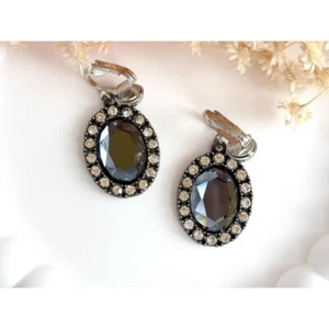 Silver Toned Faceted Oval Grey Rhinestone Halo Style Clip On Dangle Earrings - Picture 1 of 8