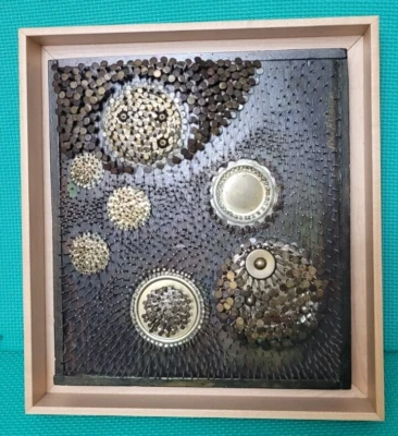 OOAK / RARE WOOD & NAIL Art Wall Hanging Floral ? Heavy on 13x14.5" Frame Signed - Image 1 of 4