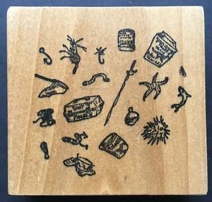 Scattered Fishing Tools Recreation Hobby Sign Symbols Wood Rubber Stamp - Picture 1 of 2